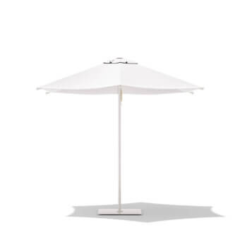Superior Atmosphera Mitos umbrella with a white acrylic canopy and satin aluminum frame built with a stone base