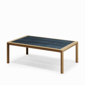 Exceptional Atmosphera Panama coffee table with a solid teak frame and durable ceramicized lava stone tabletop in dark blue-grey