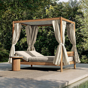 Sophisticated Atmosphera Panama daybed with solid teak frame, perforated white aluminum roof and light-beige cushions in satin finish