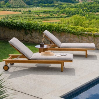 Exceptional Atmosphera Panama lounger with warm medium-toned brown teak wood and satin finish slatted surface