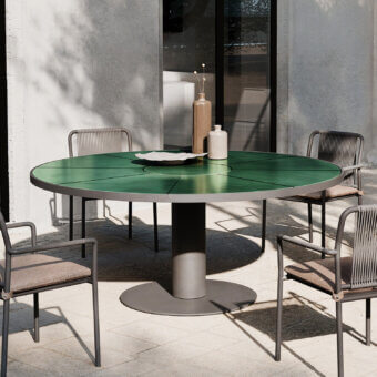 Captivating Atmosphera Pantagruel round table with glossy glazed lava stone and matte gray aluminum base