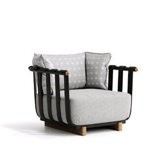 Avant-garde Atmosphera Portofino lounge chair with dark gray powder-coated metal and natural teak details in textured off-white upholstery