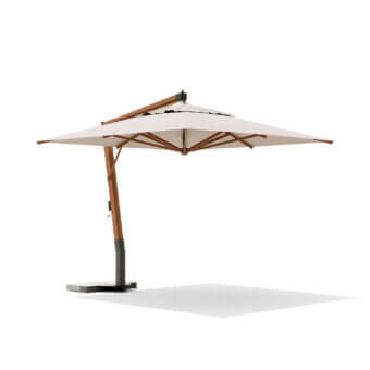 Elegant Atmosphera River Lux 2.0 umbrella with aluminum pole, light beige color and wood effect finish crafted with washed grave base