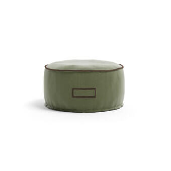 Distinguished Atmosphera Soft Round Ottoman with subtly textured muted olive green fabric and anti-slip rubberised base