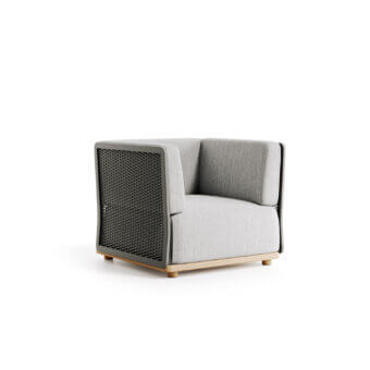Exceptional Atmosphera Switch Lounge chair with light gray textile upholstery and smooth wood base crafted with aluminum plate
