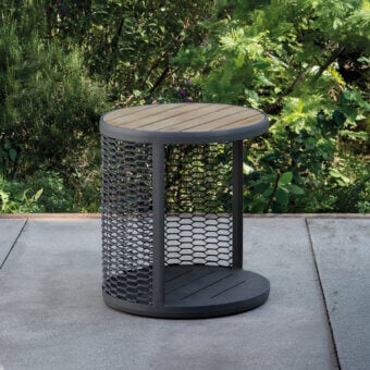 Architectural Atmosphera Switch side table with hexagonal lattice structure and natural wood tabletop in matte dark finish