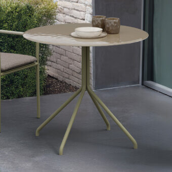 Elegant Atmosphera Trio table with earthy beige tabletop and slender contemporary aluminum base in matte finish