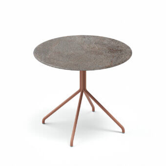 Elegant Atmosphera Trio table with lavastone tabletop and reddish-brown satin-finish aluminum base crafted in a minimalist design