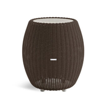 Sophisticated Atmosphera Twiga side table crafted with dark brown hand-woven synthetic rattan and smooth fossil stone tabletop
