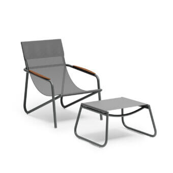 Sophisticated Atmosphera Zante lounge chair with a gray aluminum frame and wooden armrests built with breathable textilene material