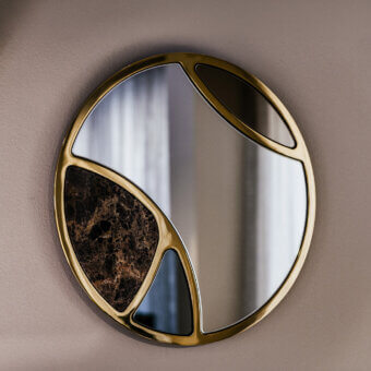Refined Black Tie Delta mirrors crafted in Italy with Emperador marble and glossy golden metal frame