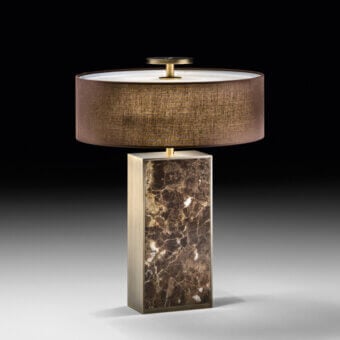 Superior Black Tie Diva table lamp with genuine Emperador marble and rich brown hard-fabric lampshade in brass-toned metal finish