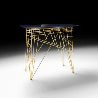 Exceptional Black Tie Lin console with dark blue back-lacquered glass tabletop and gold-toned steel base crafted in Italy