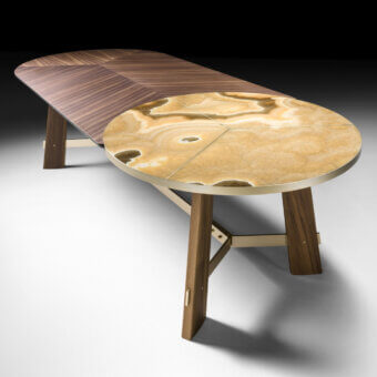 Distinguished Black Tie Opera table with brown wood, polished amber and cream stone inlay, plus gold-toned metal base