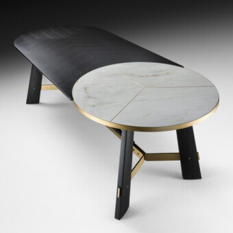 Superior Black Tie Opera table with geometric cream marble and brown wood, built with polished gold-toned metal accents
