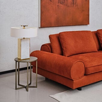 Exceptional Black Tie Sebastian sofa with enveloping shapes and plush reddish-orange textured textile upholstery built with poplar wood