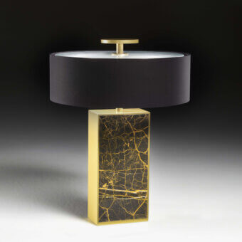 Distinguished Black Tie Thelma table lamp with white Carrara marble base and polished brass, crafted with a black textile lampshade