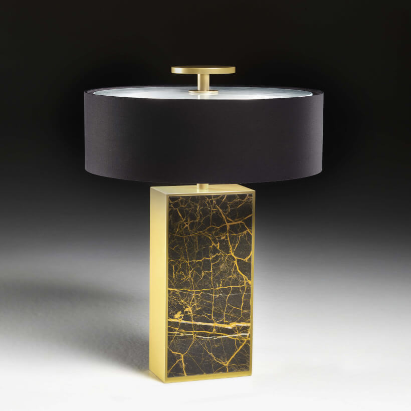 Distinguished Black Tie Thelma table lamp with white Carrara marble base and polished brass, crafted with a black textile lampshade