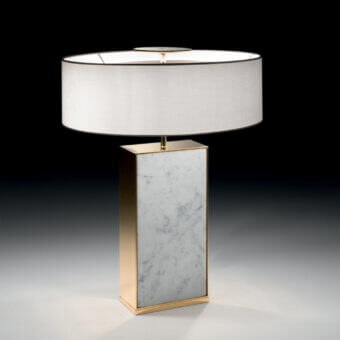 Superior Black Tie Thelma table lamp in white Carrara marble and satin gold-finished metal with a light beige textile lampshade