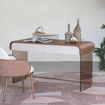 Elegant Capital Adam desk with sculpted wood top in medium brown and glossy polyester finish with bronzed glass legs