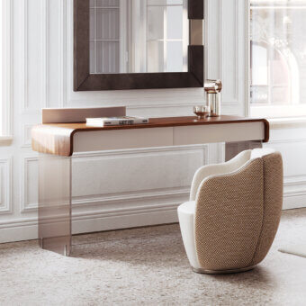 Distinguished Capital Adam vanity with sculpted wood top, bronzed glass legs and translucent drawer panels in glossy polyester finish