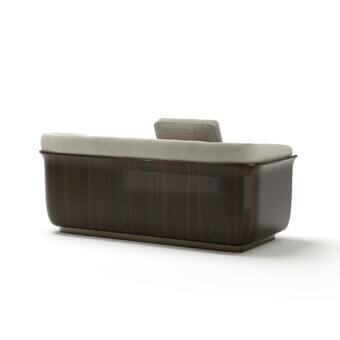 Refined Capital Allure W sofa with neutral gray fabric upholstery and glossy dark brown carved wooden frame