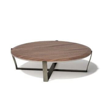 Distinguished Capital Aristo coffee table with intersecting metal base and warm wood tabletop in satin finish