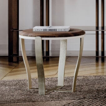 Distinguished Capital Aristo side table with gracefully curved light-colored metal legs and a satin-finished medium brown solid wood tabletop