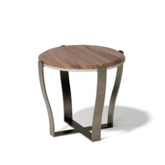 Exceptional Capital Aristo side table with gracefully curved dark gray metal legs and warm solid wood tabletop in satin finish