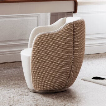 Exceptional Capital Audrey lounge chair with neutral beige and off-white fabric upholstery and satin metal swivel base