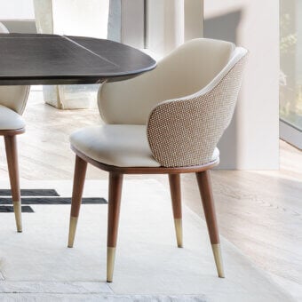 Superior Capital Augusta armchair with light beige upholstery and a curved solid wooden frame built in Italy
