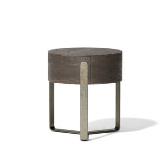 Distinctive Capital Aurea nightstand crafted with rich wood and sleek metallic base in a muted grayish-brown tone with seamless integration