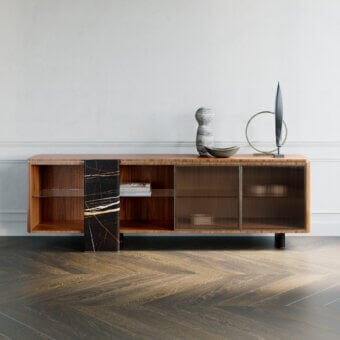 Distinguished Capital Aurelia sideboard crafted in wood essence with bronzed glass doors and dark vertically-grained marble legs with a satin finish