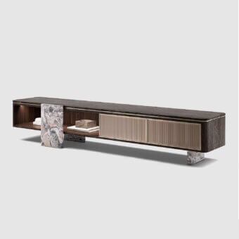 Exceptional Capital Aurelia TV stand crafted in wood essence with a dark brown textured finish and bronzed glass-fronted drawers with marble legs
