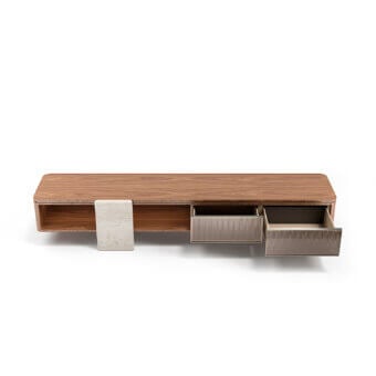 Luxury Capital Aurelia TV stand built in wood essence with bronzed glass-fronted drawers and a satin vertical marble panel