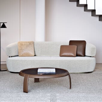 Superior Capital Bon Ton sofa with light gray textured textile upholstery and dark brown leather cushion accents
