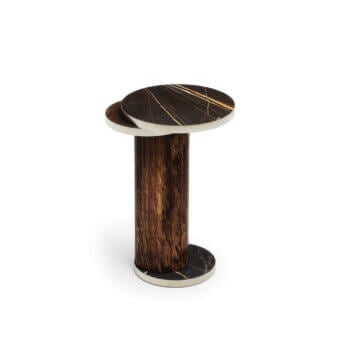 Elegant Capital Celine side table with dark marble tabletop and base, plus dark brown matte wood column with metal rings