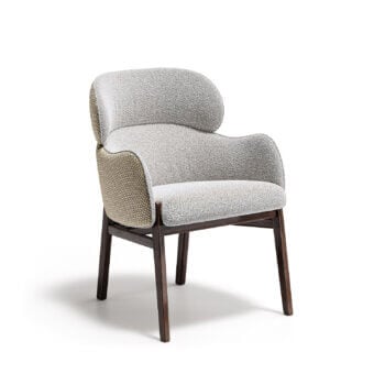 Elegant Capital Dafne armchair with light beige textured textile upholstery and satin-finish wooden legs