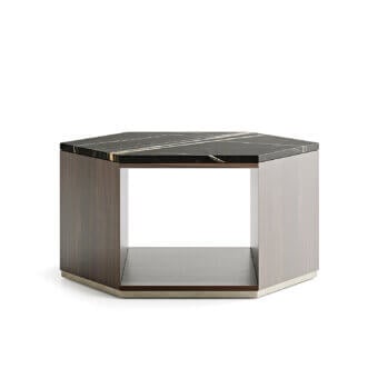 Exceptional Capital Dedalo coffee table crafted in dark brown wood with polished grey-veined marble and a matt finish