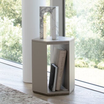Distinguished Capital Dedalo side table with sculptural wood form and luxurious marble surface in a matte gray-beige finish