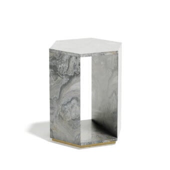 Elegant Capital Dedalo side table with dynamic gray marble surface and sleek metal plinth built with a glossy finish