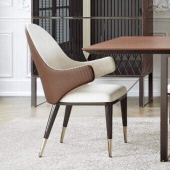 Exceptional Capital Diva chair upholstered in light beige textile with brown ribbed armrests and dark brown satin finish wood