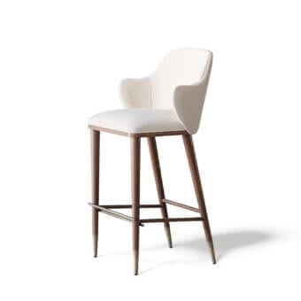 Distinguished Capital Diva stool built with light textile upholstery, brass-toned metal and subtly tapered medium-brown legs with satin finish