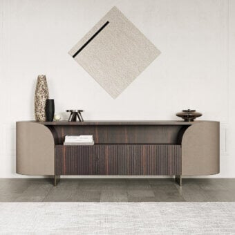 Captivating Capital Duna sideboard crafted in dark brown wood veneer with ribbed front and luminous gold-toned metal legs, plus bronzed glass shelves