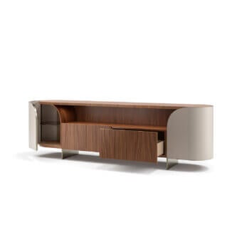 Captivating Capital Duna sideboard with organically shaped silhouette, cannette drawers and bronzed glass shelving in brown wood veneer