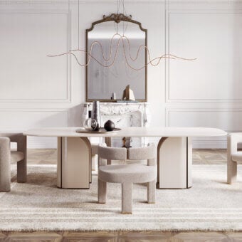 Distinguished Capital Duna table with elongated white marble tabletop and light beige smooth-finished gracefully curved base