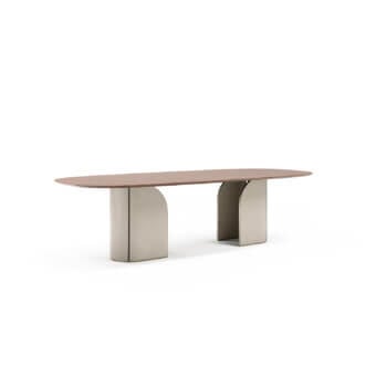 Distinguished Capital Duna table with gently rounded wood tabletop and light gray matte base crafted in refined Italian style with a satin finish