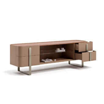 Impeccable Capital Eden TV stand crafted with wood and bronzed glass, showcasing a matte finish with contrasting warmer-toned wood accents