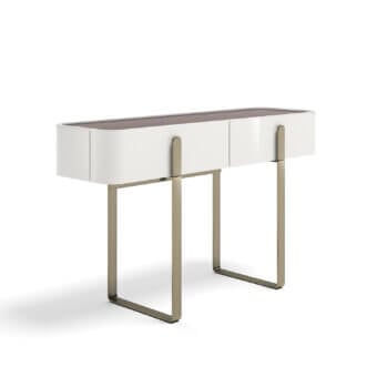 Captivating Capital Eden vanity with lacquered structure, warm wooden top, glossy white finish and muted gold steel legs