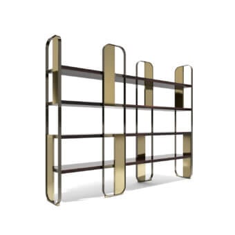 Distinguished Capital Giselle bookcase crafted with a sculptural brass-toned metal frame and dark brown wood shelving